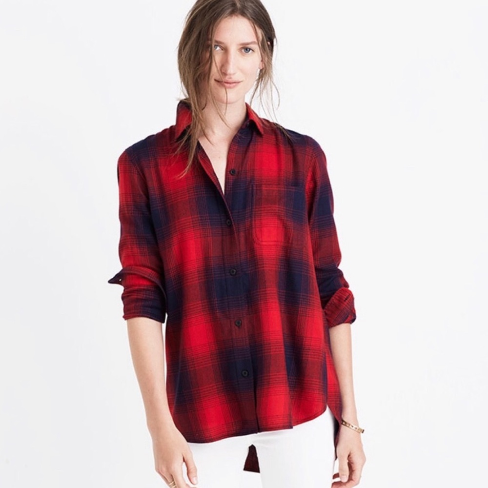Madewell Ex Boyfriend Red and Navy Plaid Shirt